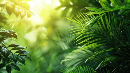 Fototapeta premium Lush green foliage with sunlight filtering through leaves