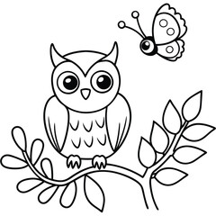 Fototapeta premium A charming baby owl sits on a branch surrounded by leaves while a butterfly flutters nearby in a delightful line art design