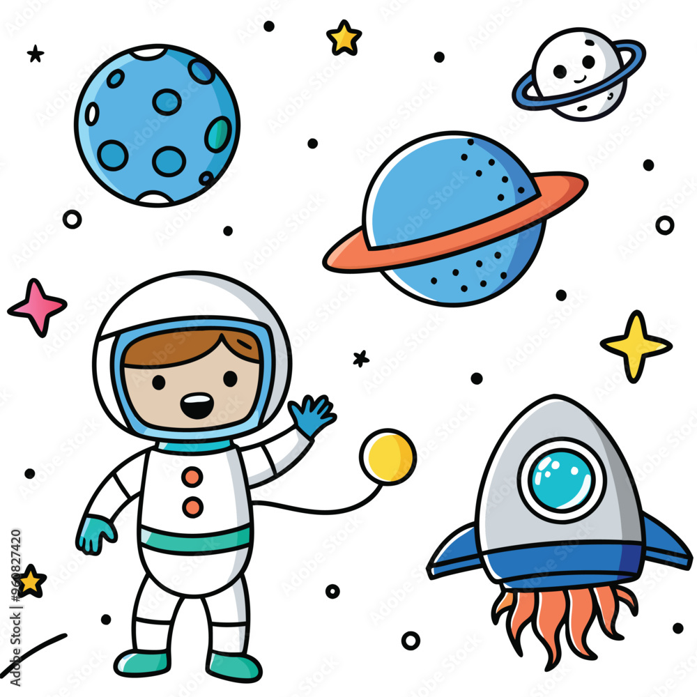 Poster a cheerful young astronaut waves from within a colorful space setting filled with planets stars and 