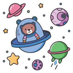 A delightful baby bear floats in a blue spaceship exploring a vibrant outer space filled with colorful planets stars and a playful atmosphere