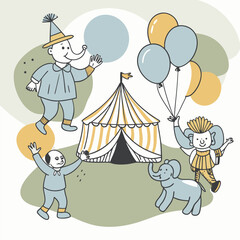 Cheerful performers engage with a lively elephant and balloons as a bright circus tent stands in the background filled with joy and excitement