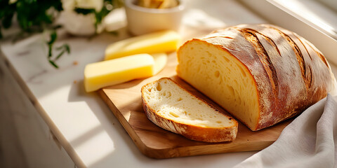 A slice of bread is on a wooden cutting board next to a block of cheese