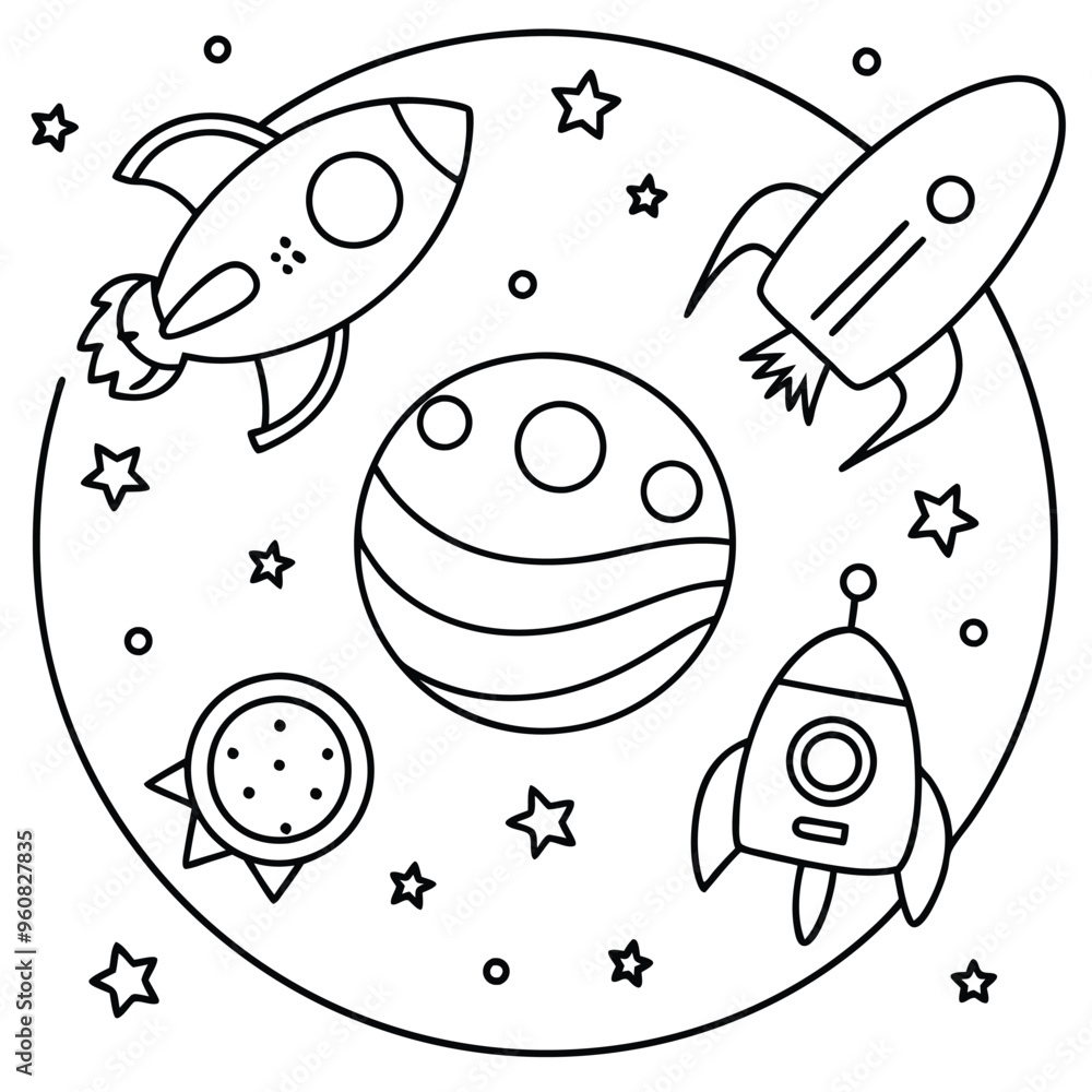 Poster whimsical rockets soar through a starry sky as they navigate around a vibrant planet inviting imagin