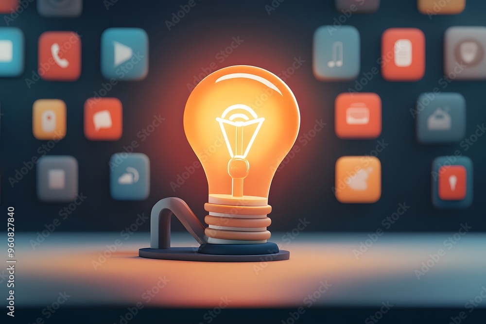 Poster illuminated lightbulb with a wifi symbol against a background of app icons