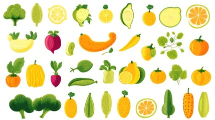 A colorful collection of various fruits and vegetables arranged artistically on white background