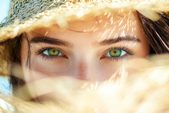 Portrait of beautiful woman hiding behind a straw hat at beach and looking at camera with beautiful green eyes.
