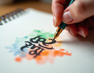 Close-up shot of an artist's hand carefully crafting beautiful Hindi script with a calligraphy pen in honor of Hindi Diwas.