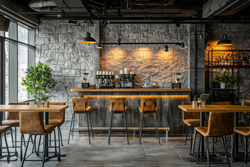 Seating area with bar tables and bar chairs in a modern cafe, industrial style with stone wall.