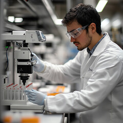 Scientist in lab coat working with advanced equipment in a laboratory, focused on precision and research.