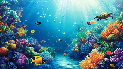 Naklejka premium Vibrant Underwater Coral Reef Scene with Fish and Turtle