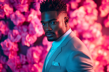 Mens Silver Suit in Solid Neon Coral, Lifestyle Portrait, Fashion Background, Fashionable, Modern, Eye catching Style