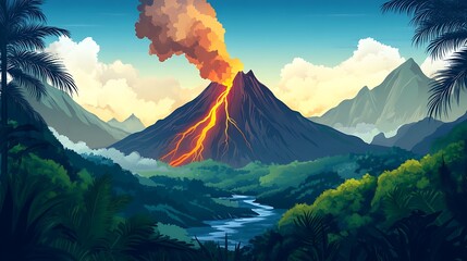 Obraz premium Erupting Volcano in Tropical Rainforest Landscape