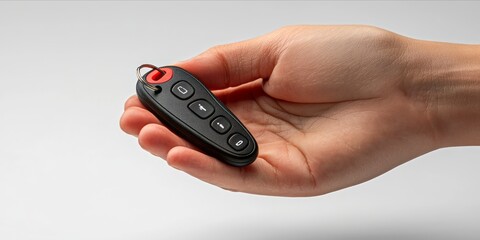 Fototapeta premium Hand Holding Car Remote Key on Soft Gray Background