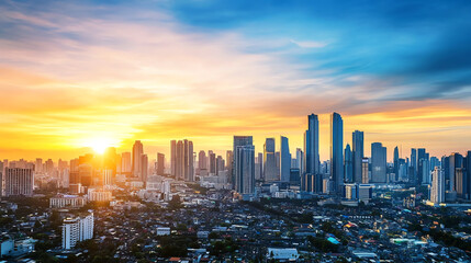 Obraz premium Stunning city skyline at sunset, showcasing towering buildings against a vibrant sky filled with colorful clouds.