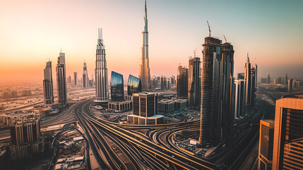 Naklejka premium Stunning skyline view of Dubai at sunset showcasing modern architecture and vibrant city life.