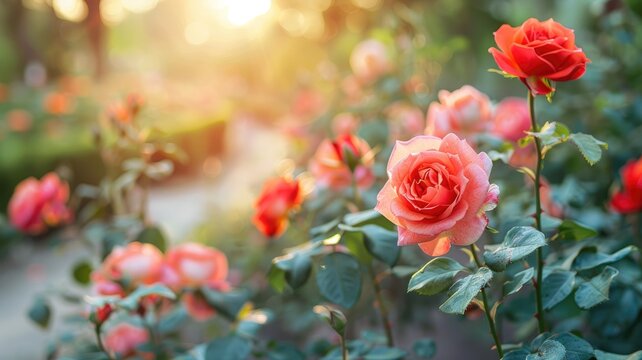 Vibrant, blooming roses in sunlit garden setting