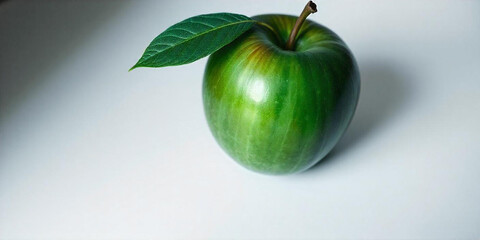 A green apple with a leaf, on a white background