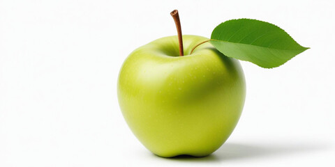 A green apple with a leaf, on a white background