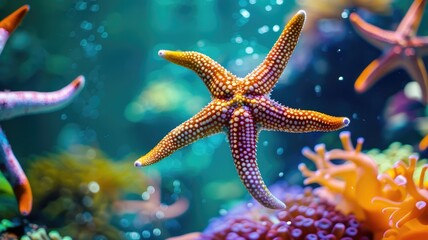 Close-up of colorful starfish underwater amidst coral in aquarium