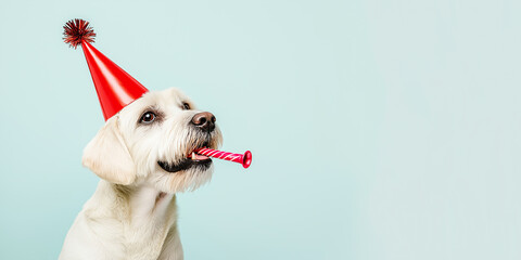White dog with red party hat blowing party horn, birthday celebration, fun pet, festive animal, funny dog photo, cute pet portrait, celebration mood, cheerful dog, party theme
