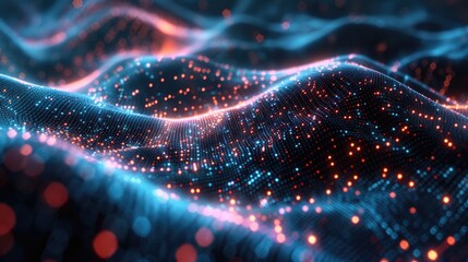 Parts of program code of abstract digital data technology concept background. Abstract technology colors hexagon wave with motion dots and lines.