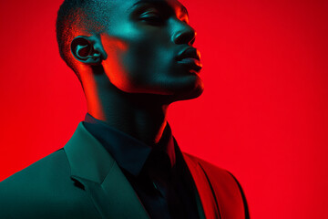 Mens Dark Green Suit with Neon Coral Highlights, Lifestyle Portrait, Fashion Background, Contemporary and Fashion forward Look