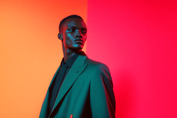 Mens Dark Green Suit with Neon Coral, Lifestyle Portrait, Fashion Background, Modern and Stylish, Perfect for Trendsetters