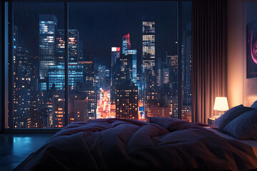View of cityscape at night from a cozy bedroom