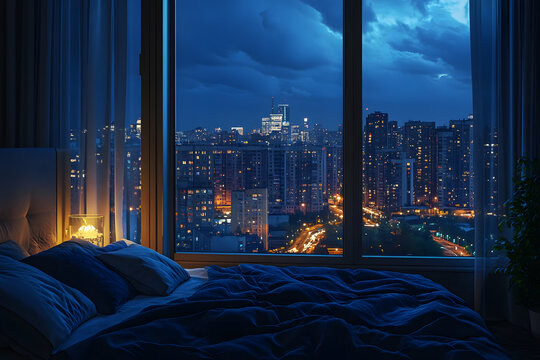 Fototapeta View of cityscape at night from a cozy bedroom
