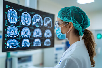 Confident neurologist with brain scans