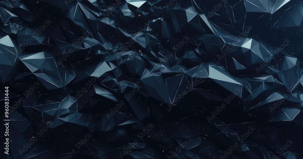 Poster a dark, abstract landscape composed of sharp, angular shapes creating a dynamic, three-dimensional e