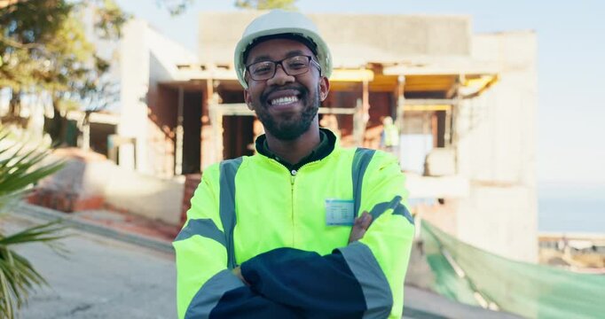 Crossed arms, black man and face of construction worker on site for maintenance, repairs or building. Portrait, infrastructure and happy African industrial civil engineer with project development.