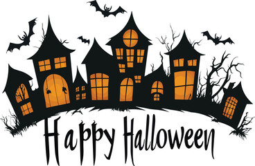 Happy Halloween vector text banner on a transparent background. Featuring black bats, witch and cobwebs suitable for placing over Halloween cards, social media and poster designs.