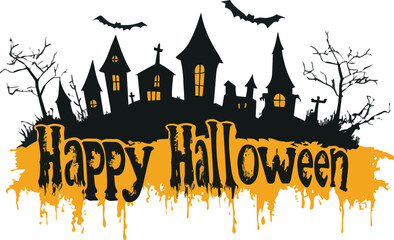 Happy Halloween vector text banner on a transparent background. Featuring black bats, witch and cobwebs suitable for placing over Halloween cards, social media and poster designs.