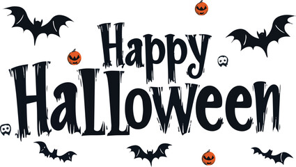Happy Halloween vector text banner on a transparent background. Featuring black bats, witch and cobwebs suitable for placing over Halloween cards, social media and poster designs.