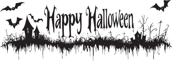 Happy Halloween vector text banner on a transparent background. Featuring black bats, witch and cobwebs suitable for placing over Halloween cards, social media and poster designs.