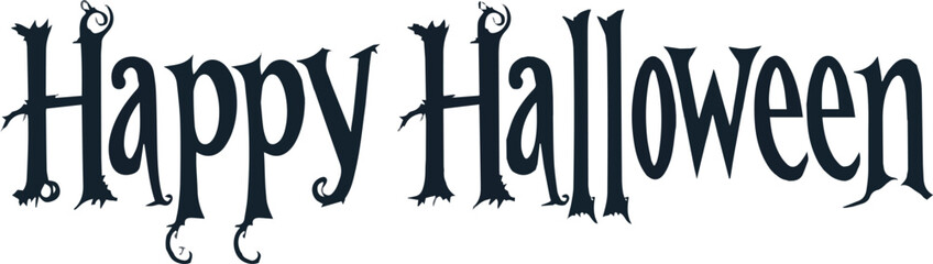 Happy Halloween vector text banner on a transparent background. Featuring black bats, witch and cobwebs suitable for placing over Halloween cards, social media and poster designs.