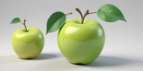 A green apple with a leaf, on a white background