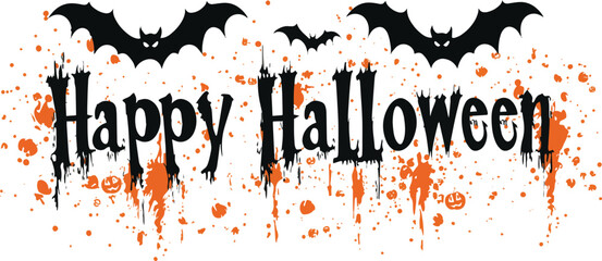 Happy Halloween vector text banner on a transparent background. Featuring black bats, witch and cobwebs suitable for placing over Halloween cards, social media and poster designs.