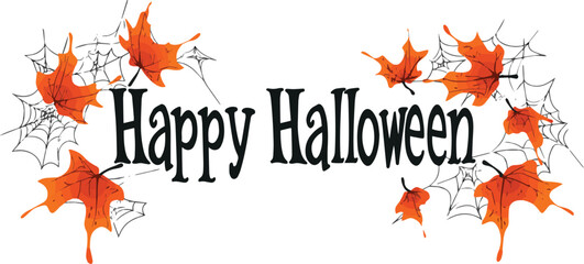 Happy Halloween vector text banner on a transparent background. Featuring black bats, witch and cobwebs suitable for placing over Halloween cards, social media and poster designs.
