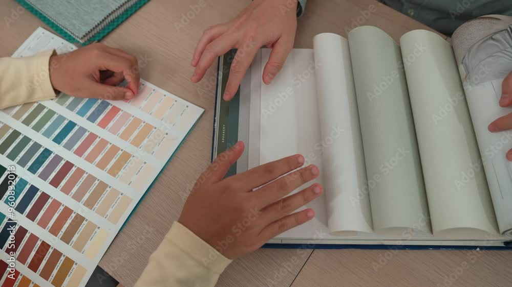 Poster hand closeup architect and interior designer presenting textile material and color from color palett