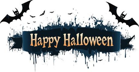 Happy Halloween vector text banner on a transparent background. Featuring black bats, witch and cobwebs suitable for placing over Halloween cards, social media and poster designs.