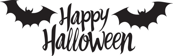 Happy Halloween vector text banner on a transparent background. Featuring black bats, witch and cobwebs suitable for placing over Halloween cards, social media and poster designs.