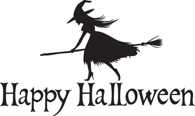 Happy Halloween vector text banner on a transparent background. Featuring black bats, witch and cobwebs suitable for placing over Halloween cards, social media and poster designs.