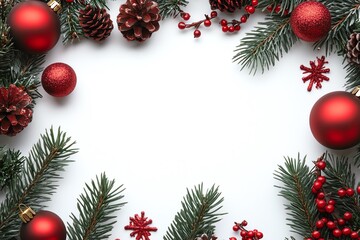 Christmas decorations with pine branches and ornaments, empty space for text, Christmas card 