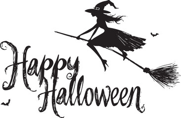 Happy Halloween vector text banner on a transparent background. Featuring black bats, witch and cobwebs suitable for placing over Halloween cards, social media and poster designs.