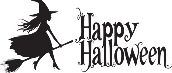 Happy Halloween vector text banner on a transparent background. Featuring black bats, witch and cobwebs suitable for placing over Halloween cards, social media and poster designs.