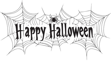 Happy Halloween vector text banner on a transparent background. Featuring black bats, witch and cobwebs suitable for placing over Halloween cards, social media and poster designs.