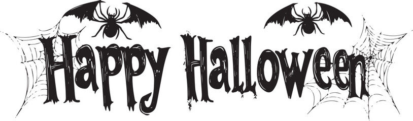 Happy Halloween vector text banner on a transparent background. Featuring black bats, witch and cobwebs suitable for placing over Halloween cards, social media and poster designs.