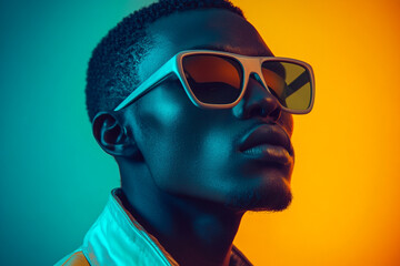 Mens Gray Eyewear with Solid Neon Aqua, Lifestyle Portrait, Fashion Background, Contemporary and Chic Look